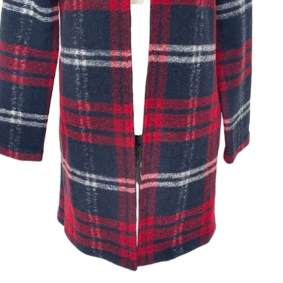 Max Studio Wool Blend Plaid Open Front Coat Women’s Size S Red Navy Pockets - Picture 4 of 7